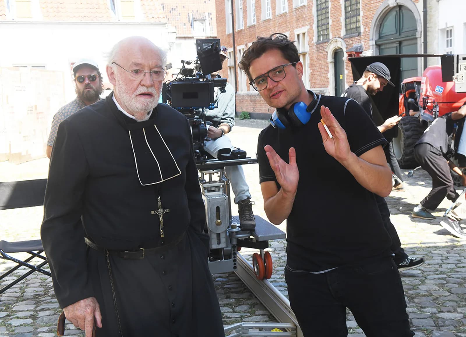 Julien Hayet-Kerknawi on set with actor David Calder between takes