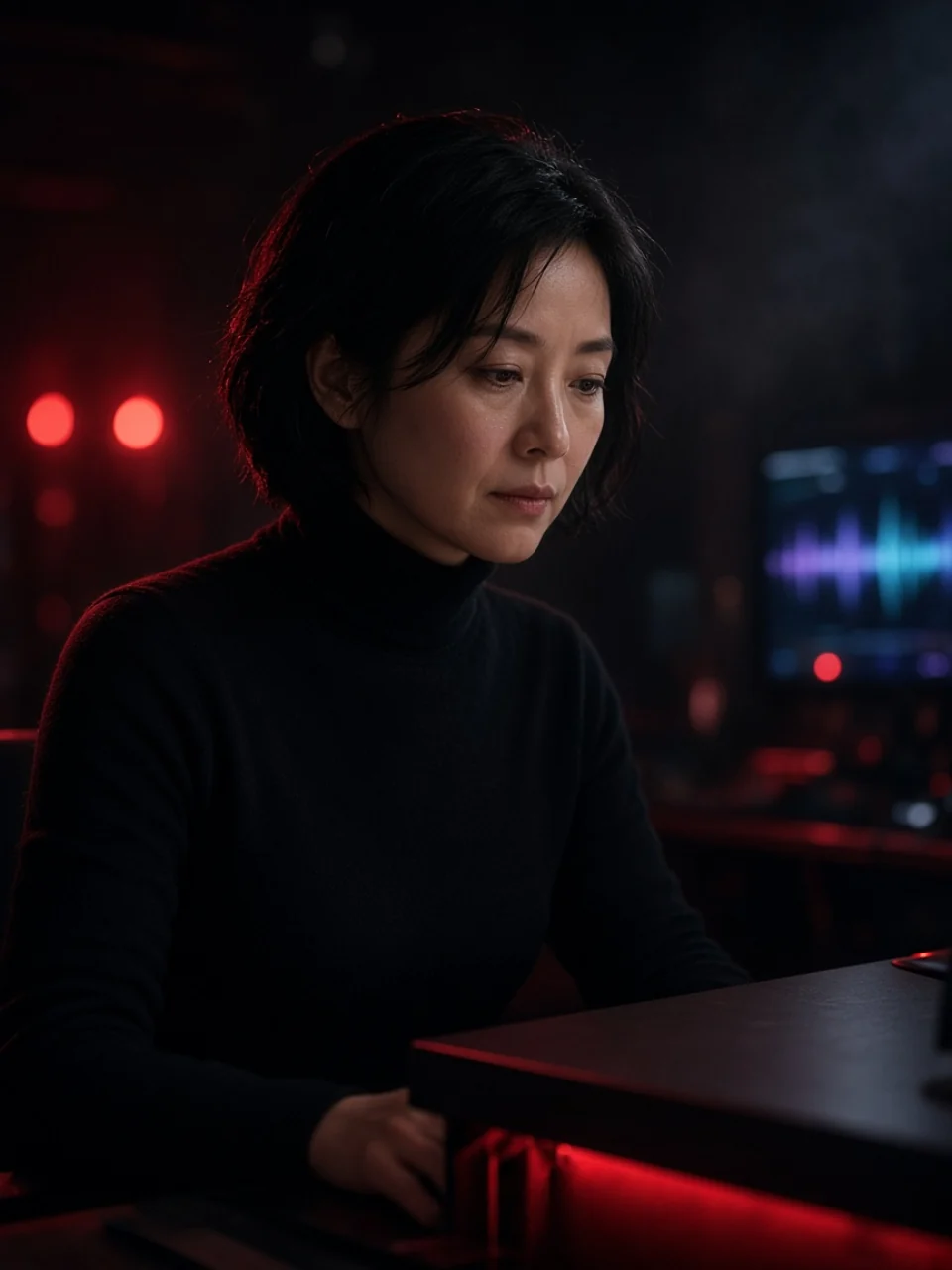 Portrait of a colorist at a grading desk in a dark studio, ember bounce on the desk.