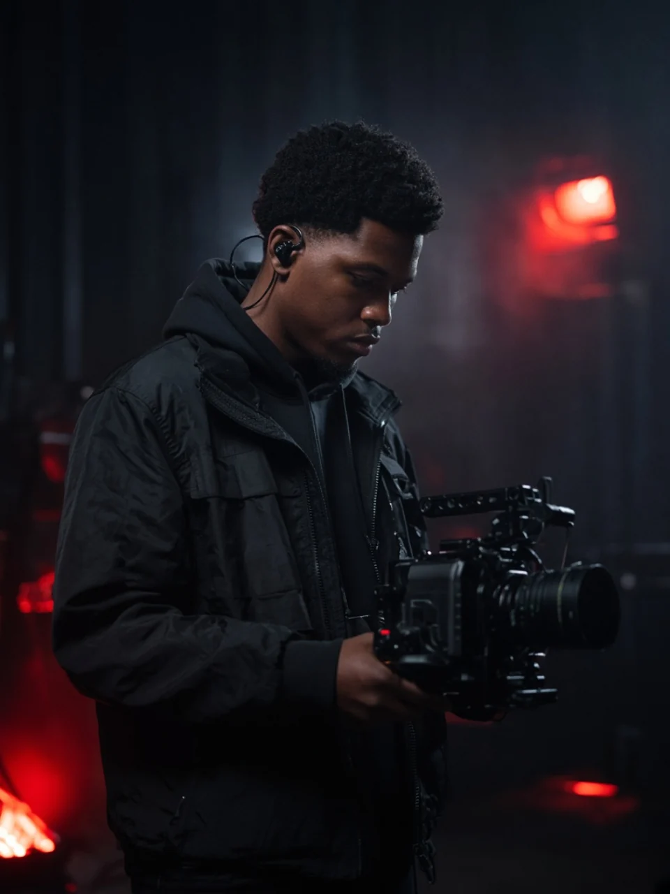Portrait of a content creator on a dark set with a camera, ember light on the rim.