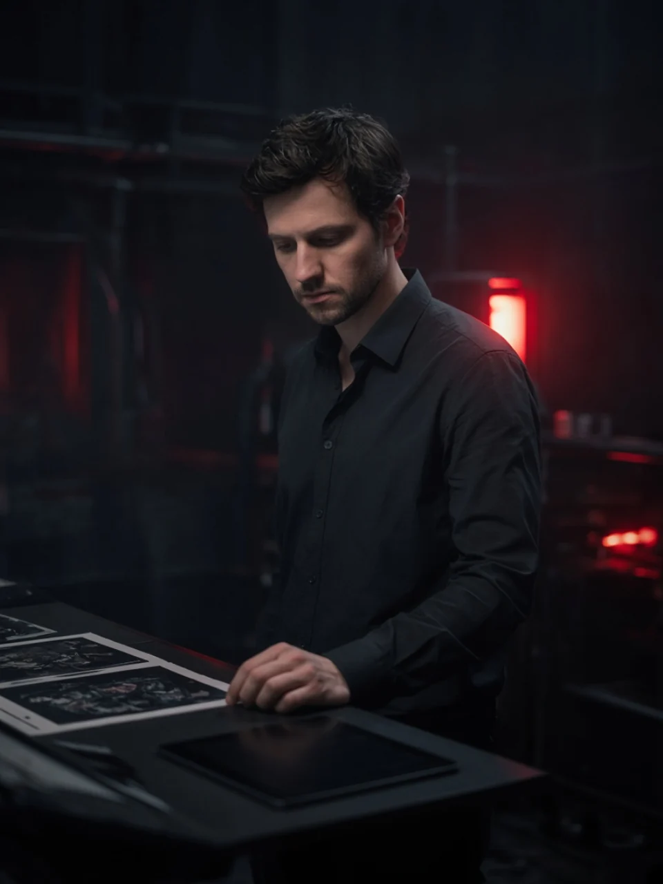 Portrait of a graphic designer at a standing desk with dark prints, ember practical behind.