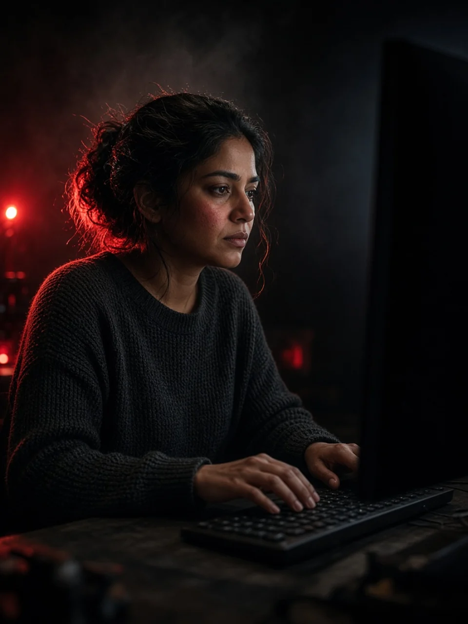 Portrait of a filmmaker at a dark editing desk, lit by red-ember practicals.