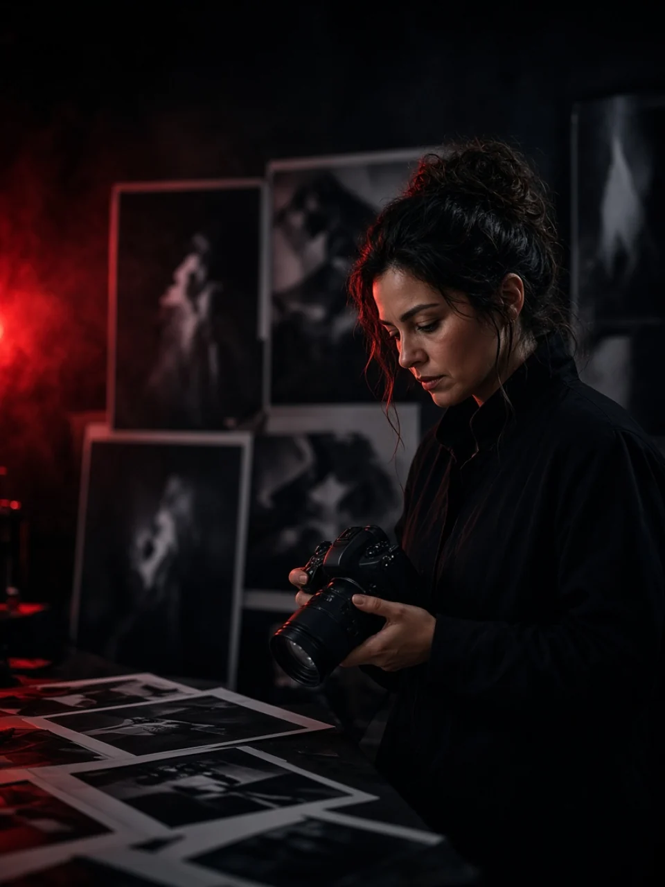 Portrait of a photographer at a stills wall in a dark studio, camera in hand, ember rim light.