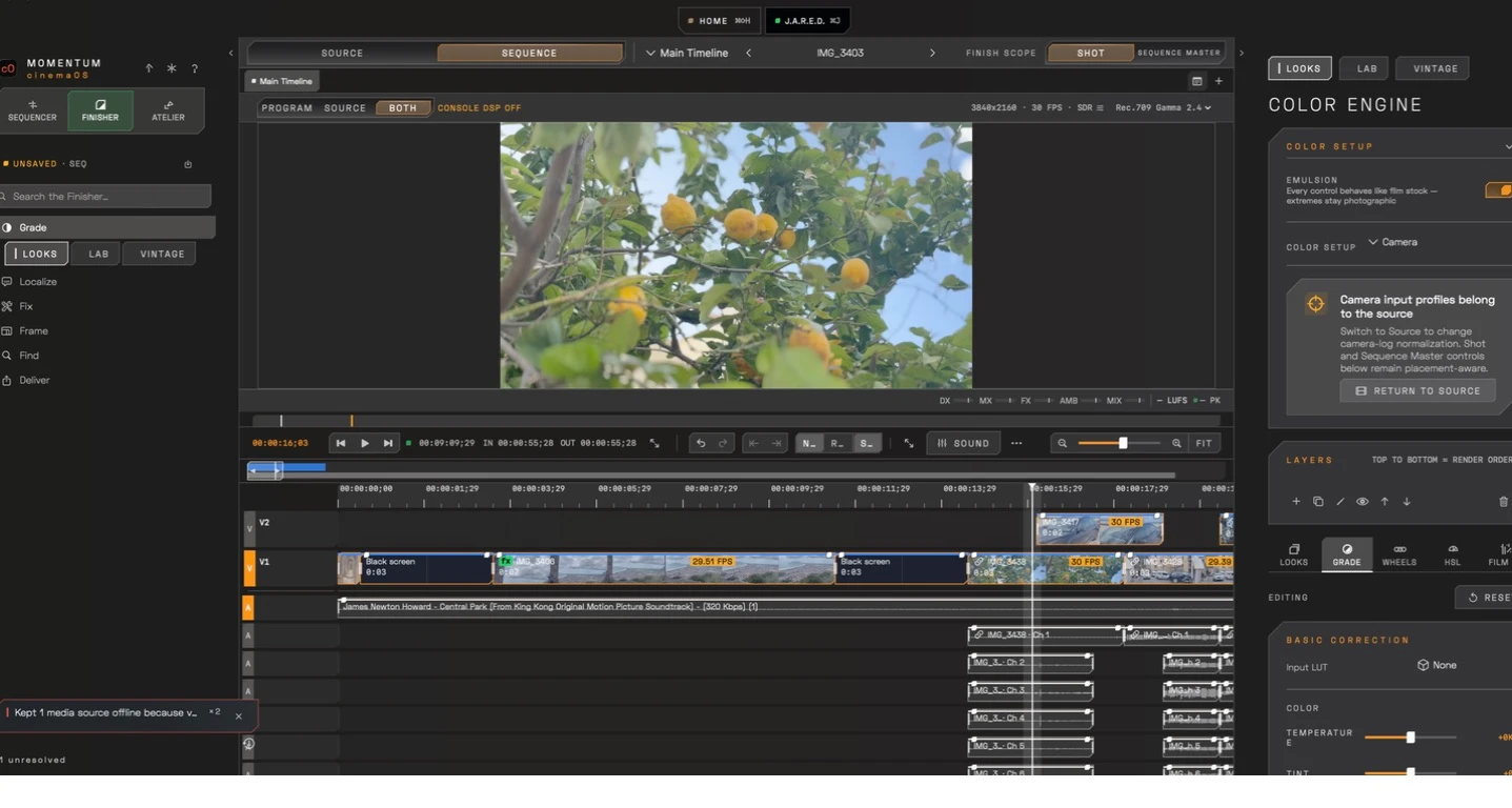 cinemaOS colorist workspace