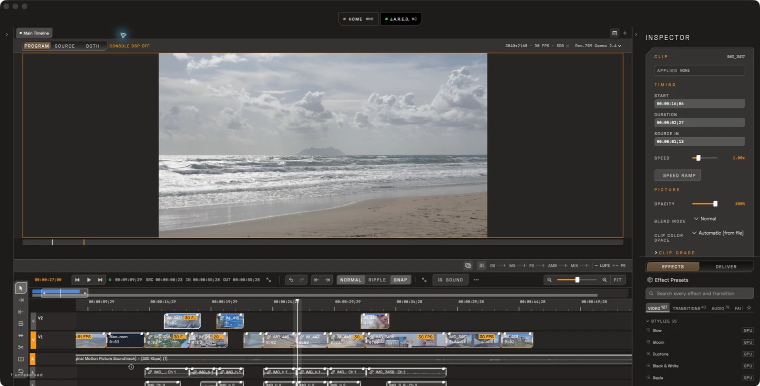 cinemaOS creator edit with a paused beach scene and its timeline