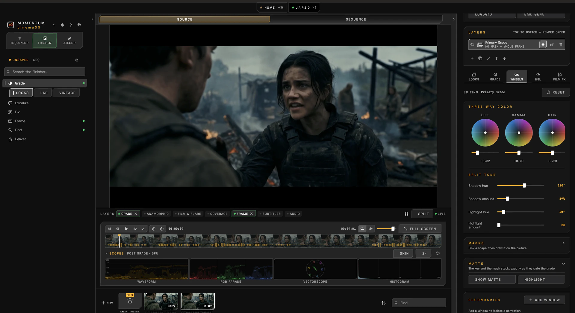 cinemaOS Finisher three-way color grade on a war-film frame