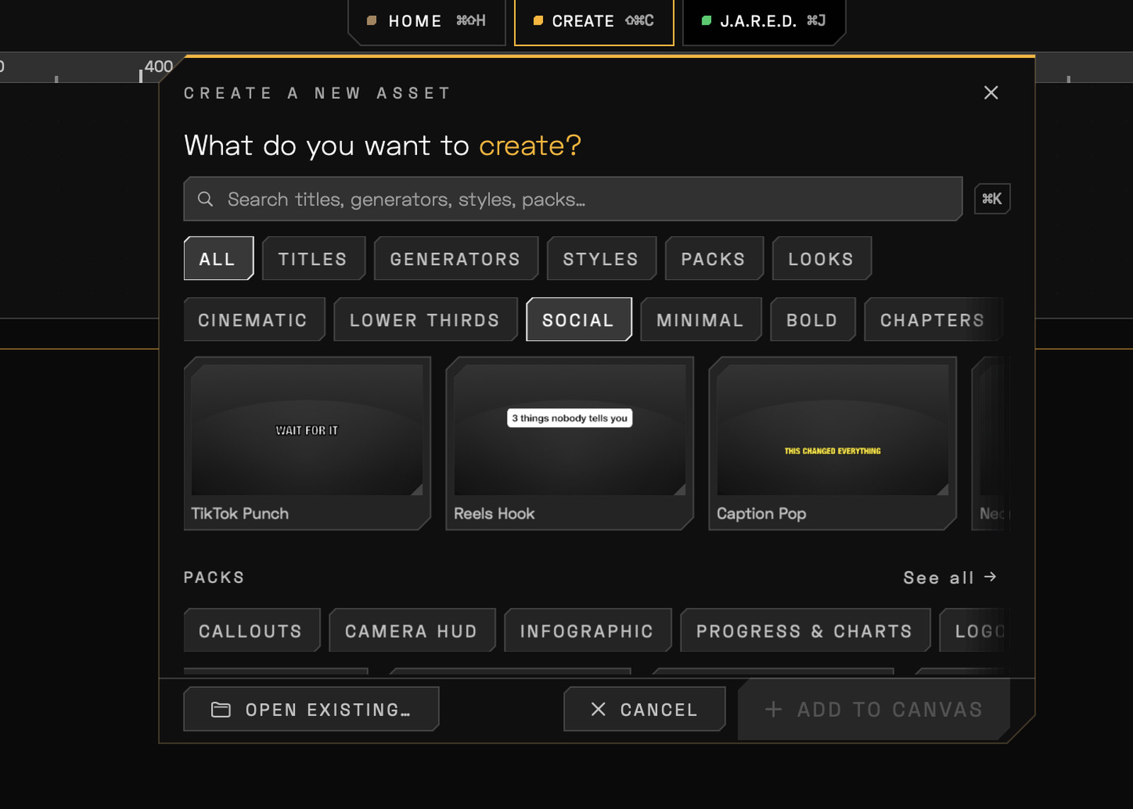 cinemaOS Create browser showing social titles TikTok Punch, Reels Hook and Caption Pop