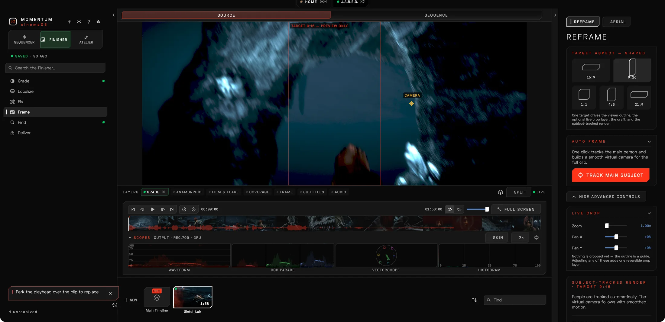 cinemaOS Finisher three-way color grade on a war-film frame