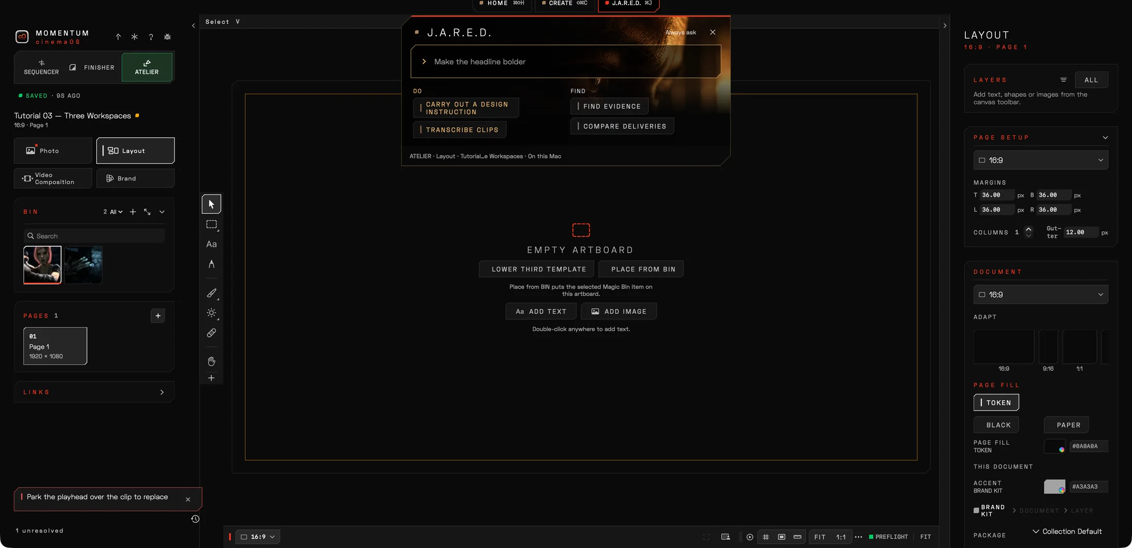 cinemaOS J.A.R.E.D. assistant with the prompt Turn all shots to black and white