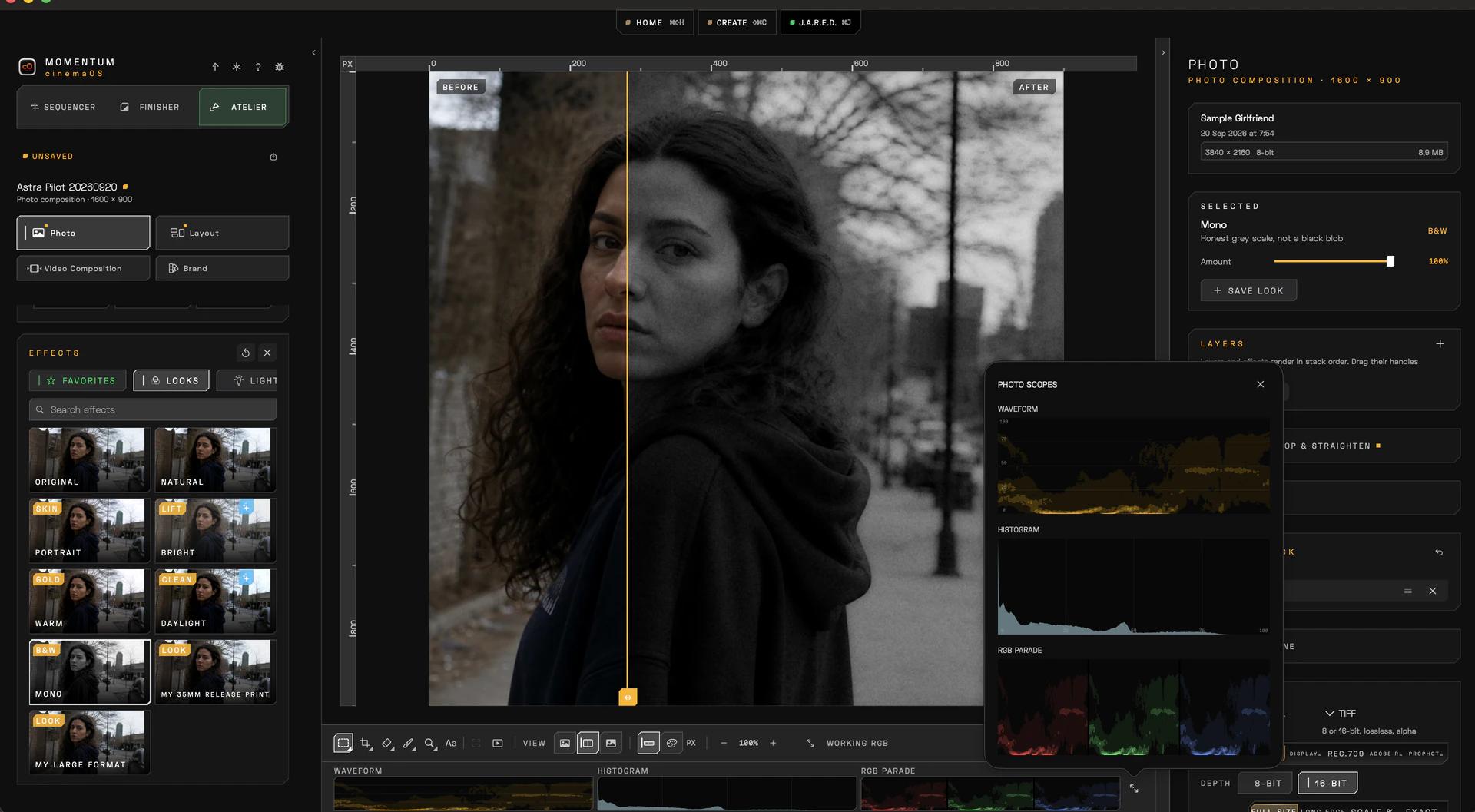 cinemaOS Atelier Photo with a color and monochrome before-and-after split