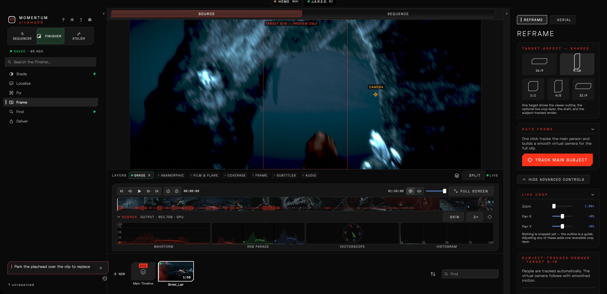 The cinemaOS Finisher with the Reframe panel and live scopes