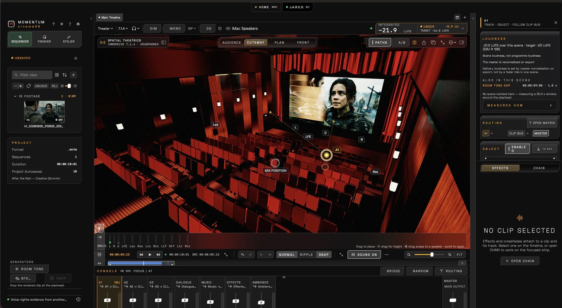 Spatial Theatrics: a 3D theater with the film on screen and a sound object placed in the room