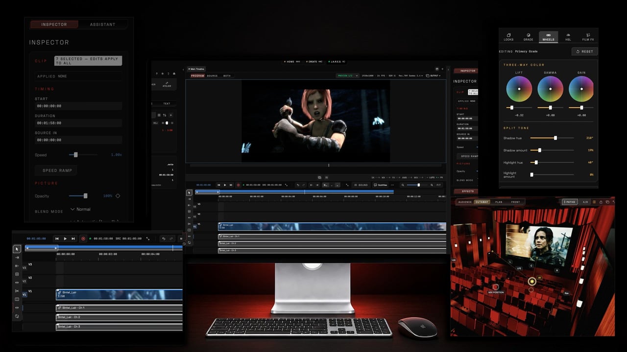 cinemaOS on an iMac, with Atelier, Sequencer, Finisher and Sound Mode around it.